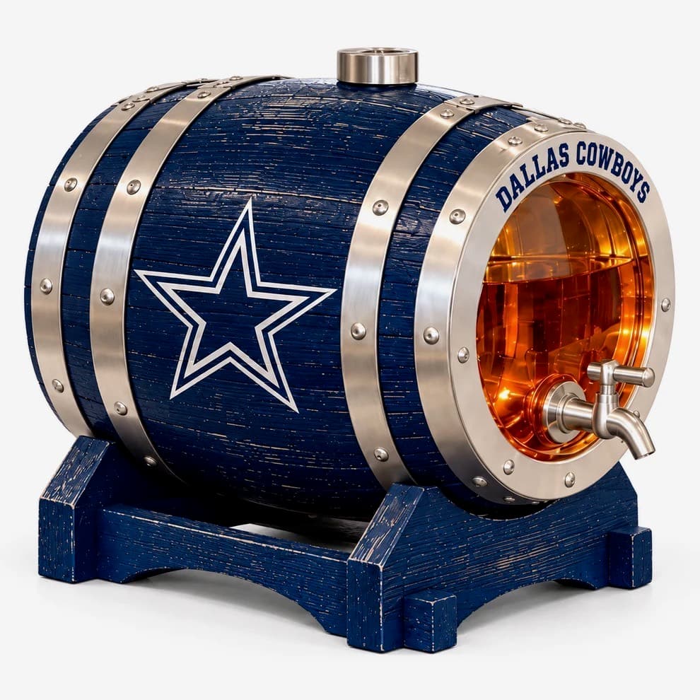 Dallas Cowboys barrel-style dispenser with front tap and matching stand